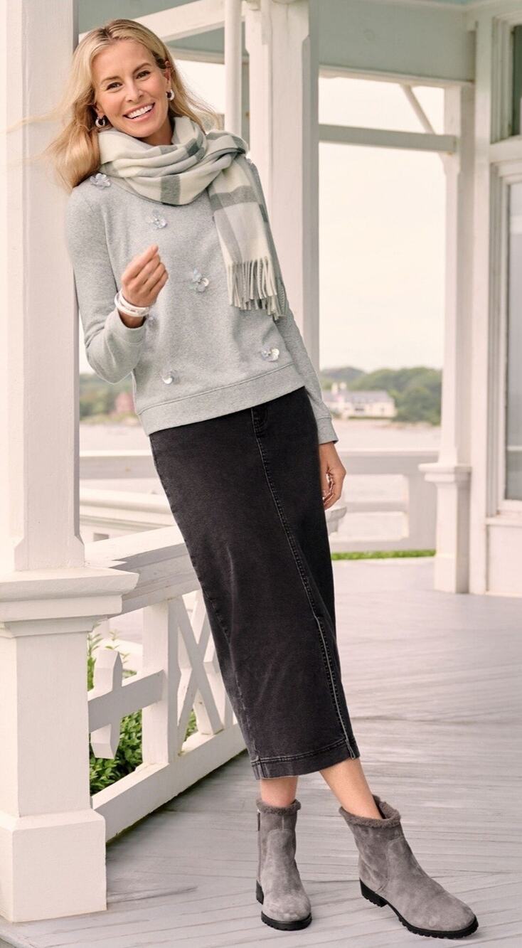 Talbots Denim Midi Skirt Corsica Black Darkwash Front Slit Stretch Career Sz 10